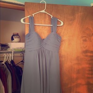 Beautiful slate blue floor-length bridesmaid dress
